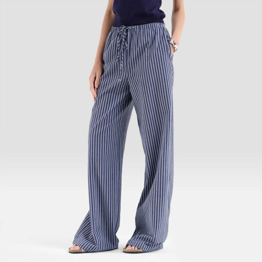 Women's Mid-Rise Drawstring Wide Leg Trousers - A New Day Navy Blue Striped XL